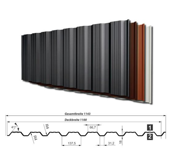 T-18DRW/1100 - Wandblech mit Trapezprofil und Designrille in der Trapezblech-Sicke - in vier Farben lieferbar.